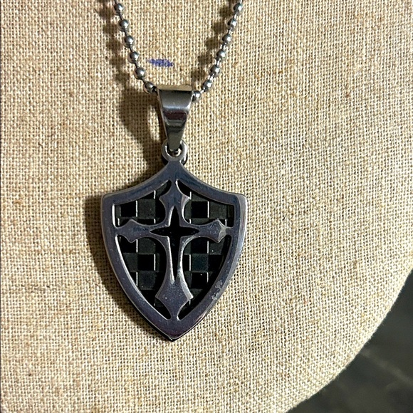 Stainless Steel Shield and Cross Pendant Necklace - Picture 1 of 2